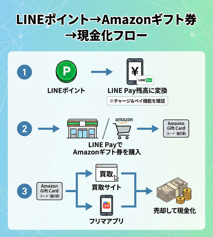 LINEポイント→LINE Pay→Amazonギフト券への変換フロー