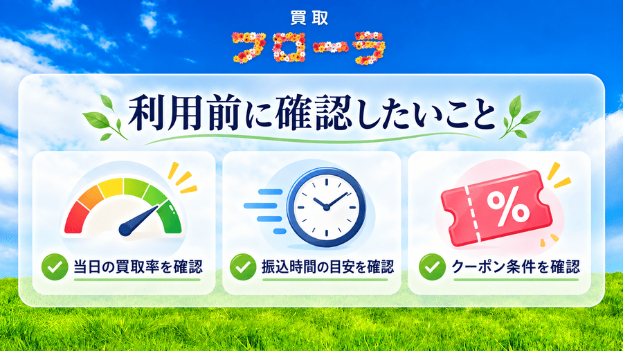 【まとめ】買取フローラを利用する前に買取率と振込時間を確認しよう